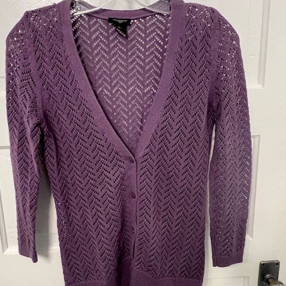 J. Crew purple wool blend lined short skirt. Ann Taylor XS coordinating sweater - Picture 7 of 7